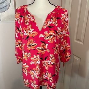 pink yellow black white floral print 3/4 sleeve